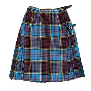 Glen Avon Scotland Wool Kilt Skirt Blue Red Tartan Plaid Pleated Midi Vintage 26